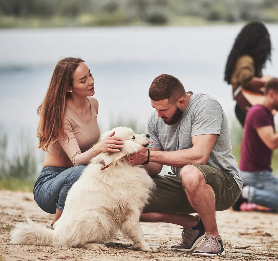 Hundeejere hygger med deres hund ved en sø